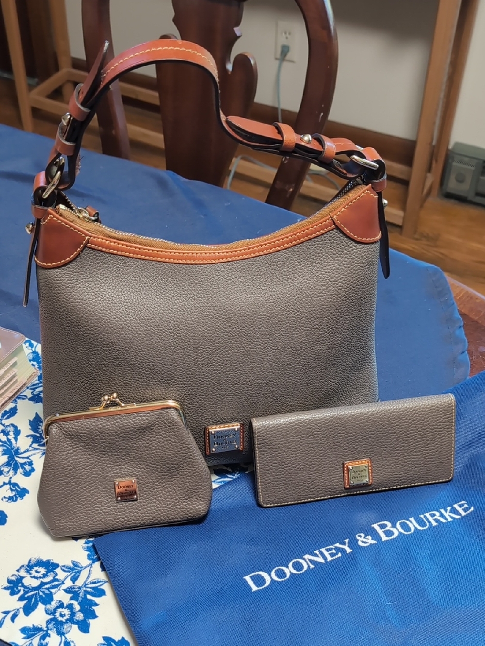 Dooney & Bourke Pebble Leather Hobo Set in Elephant with Tan Trim